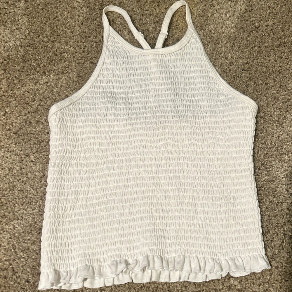 SO White Smocked Ruffle-Hem Racerback Tank